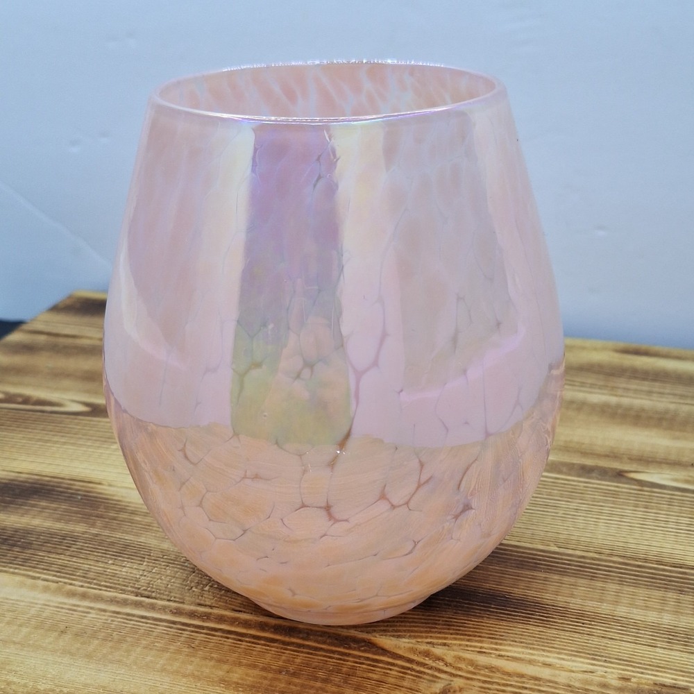 Pink Iridescent Studio Art Glass Hand Blown Vase Spotted 5.5 Inch Pontil‎